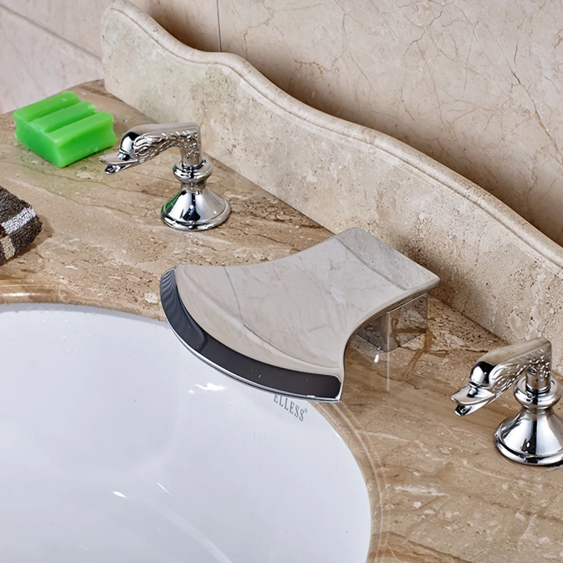 

Elegant Polished Chrome Waterfall Bathroom Basin Faucet Dual Handle Mixer Tap