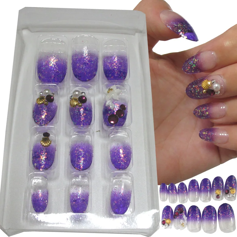 

24Pcs/Set Purple Fake Nails Rhinestone Metal Shell Press On Nails Full Cover Artificial French Bride False Nail Tips for Salon