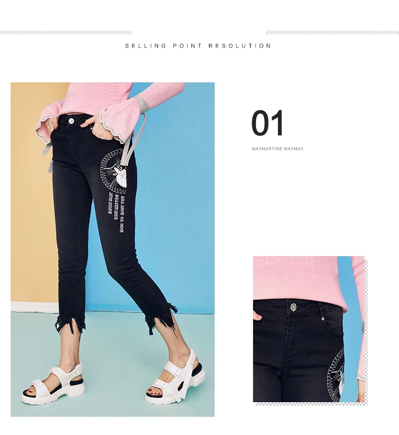 Spring denim pencil pants slim Calf-Length pants women embroidery high waist ripped pants