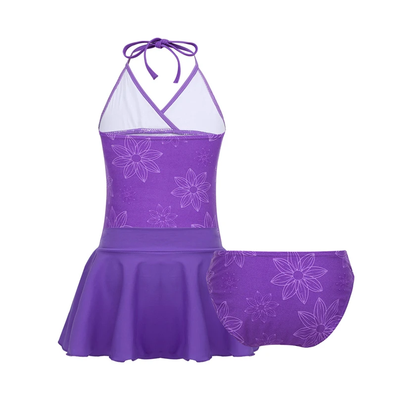 Фиолетовые Танкини с лямкой на шее для девочек-подростков, топы для девочек с купальными трусиками, юбка для плавания, купальный костюм, детский пляжный купальный костюм, комплект бикини