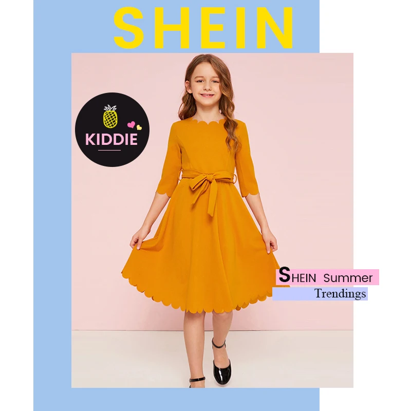 SHEIN Kiddie/однотонное праздничное платье с зубчатым подолом для девочек с поясом, г., летние детские платья с высокой талией, милое ТРАПЕЦИЕВИДНОЕ расклешенное платье до колена