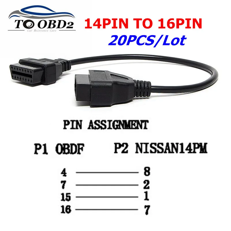 20 шт./лот для Nissan 14 Pin 14Pin штекер OBD OBD2 OBDII DLC 16 Pin 16 Pin женский автомобильный диагностический Соединительный адаптер кабель