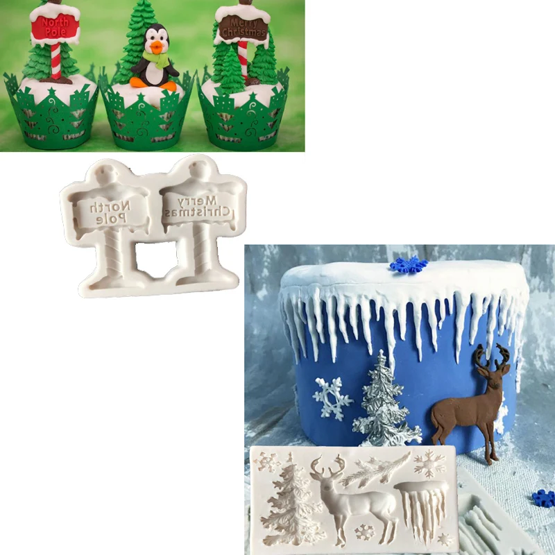 

North Pole Candle And Merry Christmas Tree Elk Snowflake Icicle Cake Mold Chocolate Mold for the Kitchen Baking Cake Tool DIY S