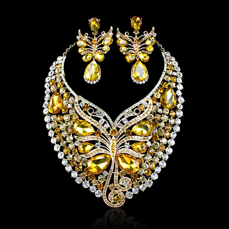 Hot Sale Butterfly Crystal Big Necklace Earrings Party Jewelry Set Indian Wedding Bridal Jewelry Sets For Brides Accessories