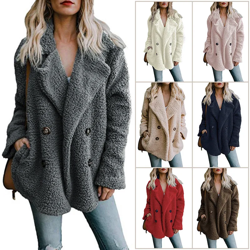 Koop Herfst winter jas 2018 mode nieuwe double breasted truien revers losse bont jas vrouwen uitloper vrouwen jas dames jas