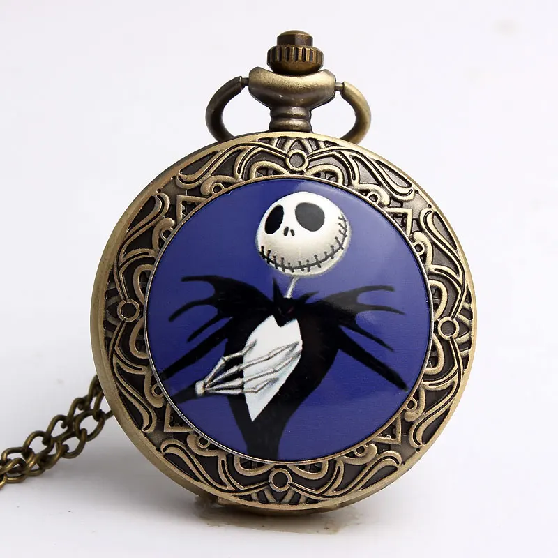 

Vintage The Jack Skellington Nightmare Before Christmas Skull Skeleton Quartz Pocket Watch Necklace Chain Halloween Watch Gifts