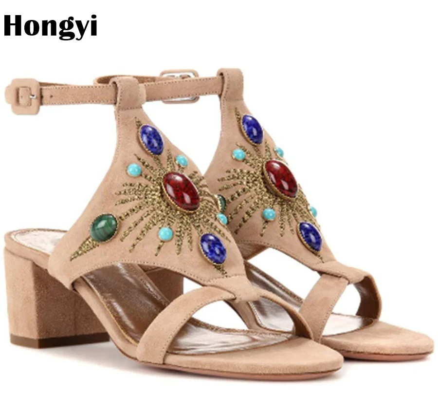 Здесь продается  Hongyi Suede Leather Women Sandals Pumps Summer Rhinestone Chunky High Heel Women Wedding Pumps Shoes Plus Size 42  Обувь