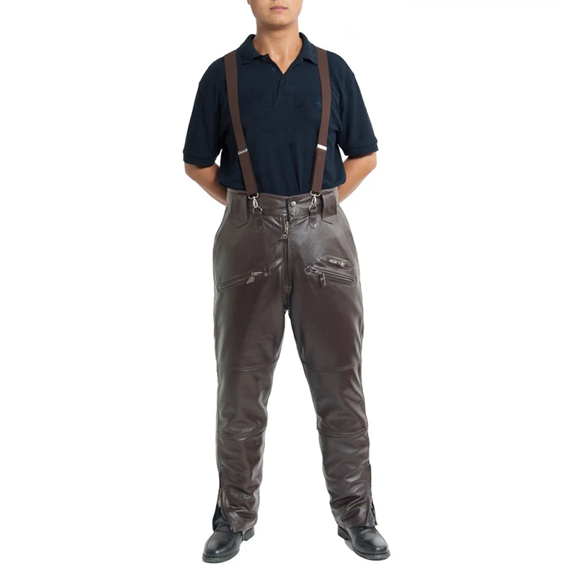Brown Mens Luxury Cowhide Trousers Plus Size Loose Genuine Real Leather Pants Man Zippers Motorcycle Riding Pants Winter Warm