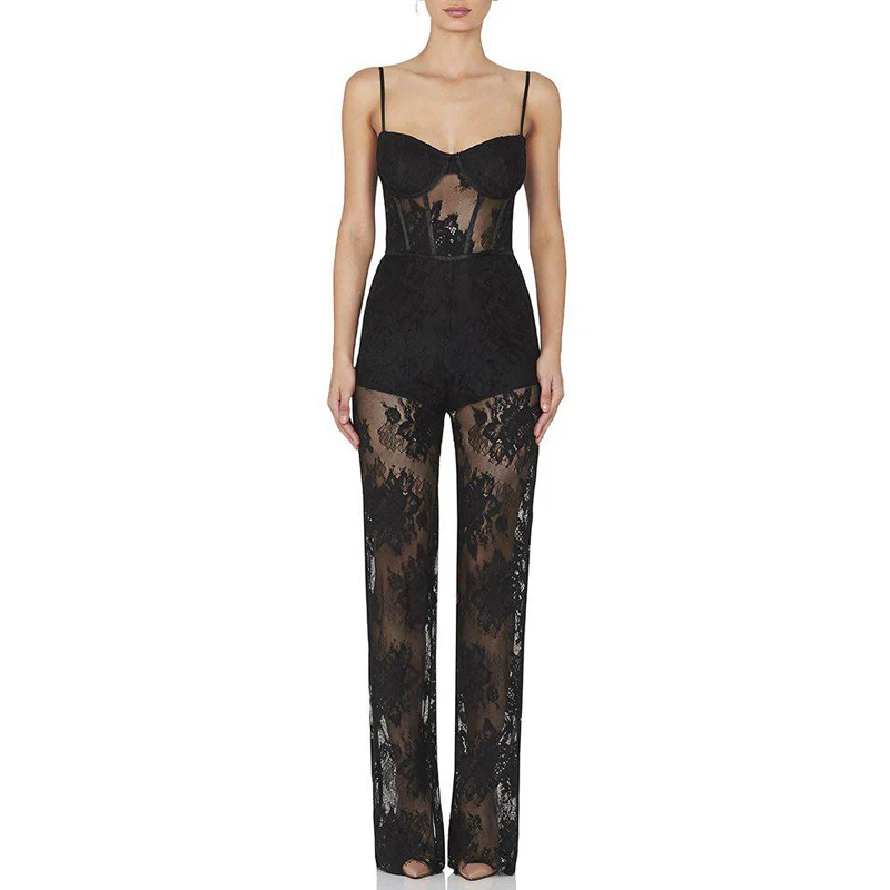 INDRESSME 2018 New Summer Women Jumpsuit Romper Elegant Black Lace Sleeveless Spaghetti Strap Jumpsuit Celebrity Party Bodysuit 