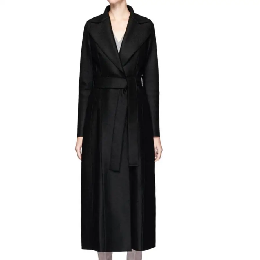 2019 Winter Vrouwen turn down kraag Zwarte Wollen Maxi Lange Jas Slanke Riem Gewaad wol combineert Overjas 2019 Winter Vrouwen turn down kraag Zwarte Wollen Maxi Lange Jas Slanke Riem Gewaad wol combineert Overjas