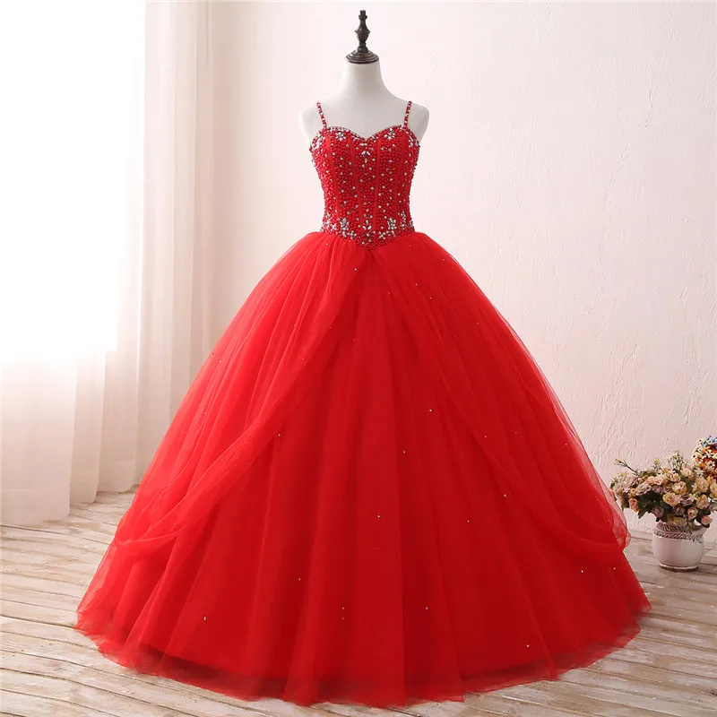 Красное бальное платье Quinceanera платья на тонких бретельках с жемчугом милое