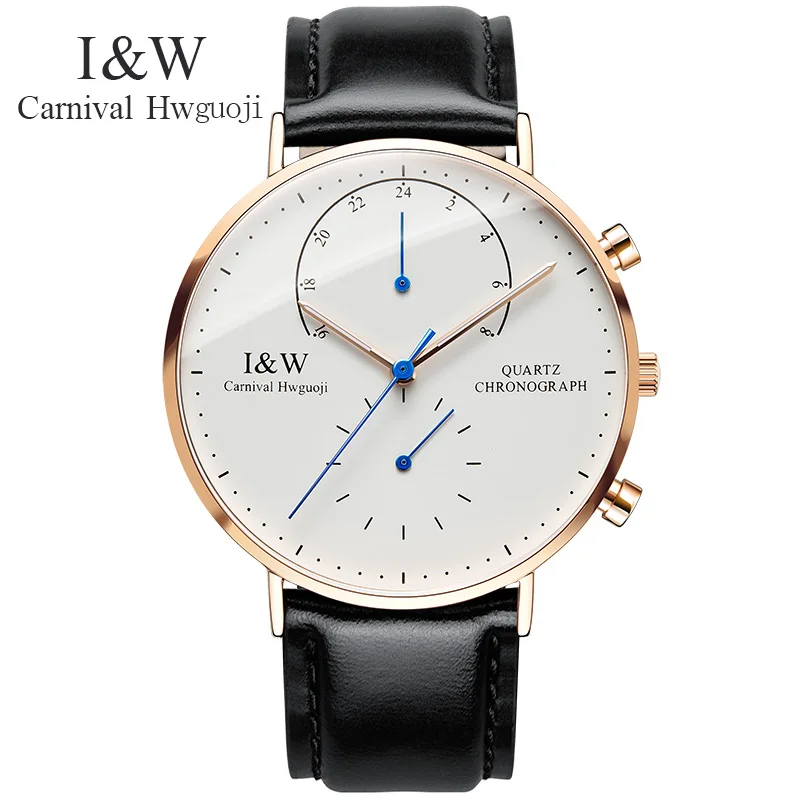 

Carnival Watch Men Quartz ultrathin Dial Waterproof Stainless Steel Multiple Time Zone multifunction Black Leather Watches