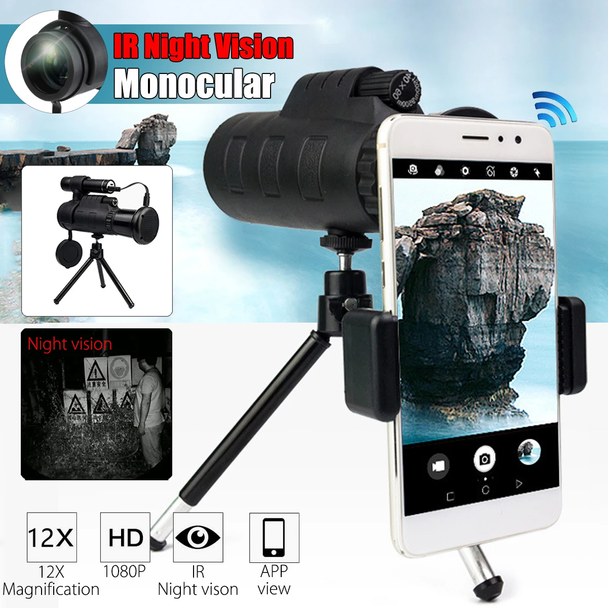 SGODDE Monocular Telescope 40x60 Monocular Phone Holder IR Night Vision Hunting Camping Hiking 12X Magnification Telescope SGODDE Monocular Telescope 40x60 Monocular Phone Holder IR Night Vision Hunting Camping Hiking 12X Magnification Telescope