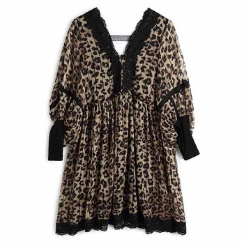 

Leopard Dress 2019 Women Chiffon Short Beach Dress Loose Long Sleeve Deep V-neck A-line Sexy Party Dress Vestidos de fiesta