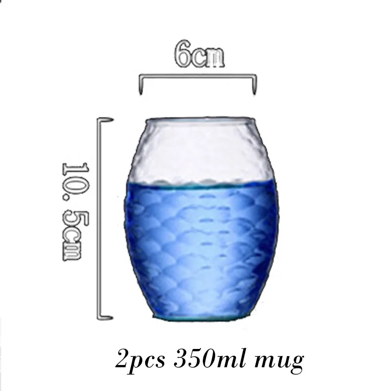 Высокая емкость рыбья чешуя exture прозрачный стеклянный графин с крышкой из нержавеющей стали термостойкий кувшин для воды для напитков SH141 - Цвет: 2pcs mug