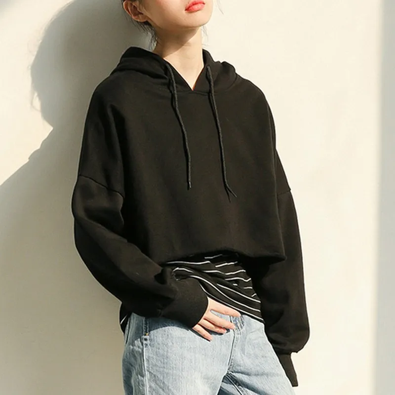 

Hoodies Sweatshirt Women Hooded Crop Tops Simple Black White Pullovers Female Basic Clothing Oversized Drop Shoulder Short Hoody
