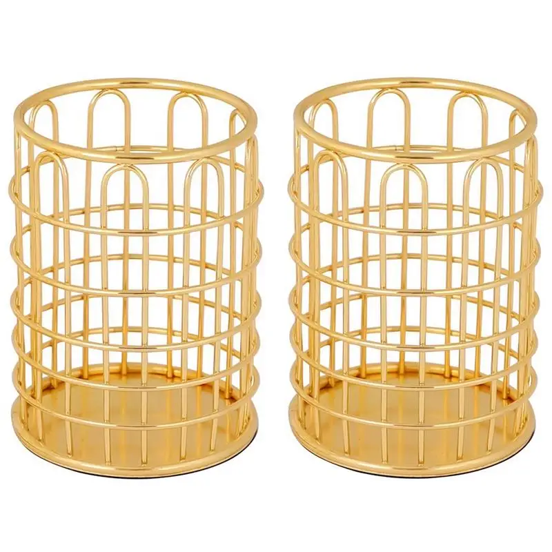 

Golden Wrought Iron Pen Holder Office Student Pen Holder Simple Round Storage Box Pen Holder 2-Pack