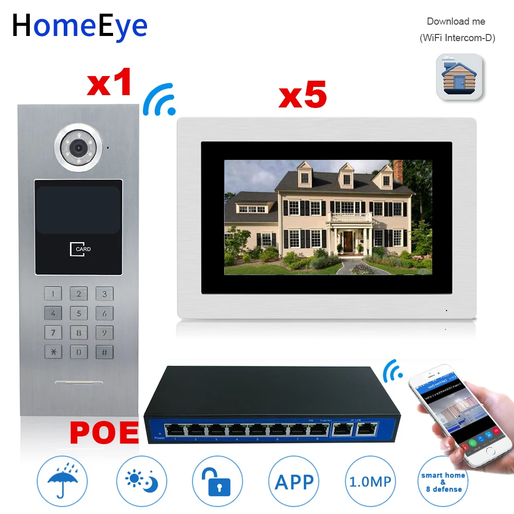 HomeEye 7'' 720P WiFi IP Video Door Phone Video Door Bell Home Access Control System Password/RFID Card + POE Switch iOS Android