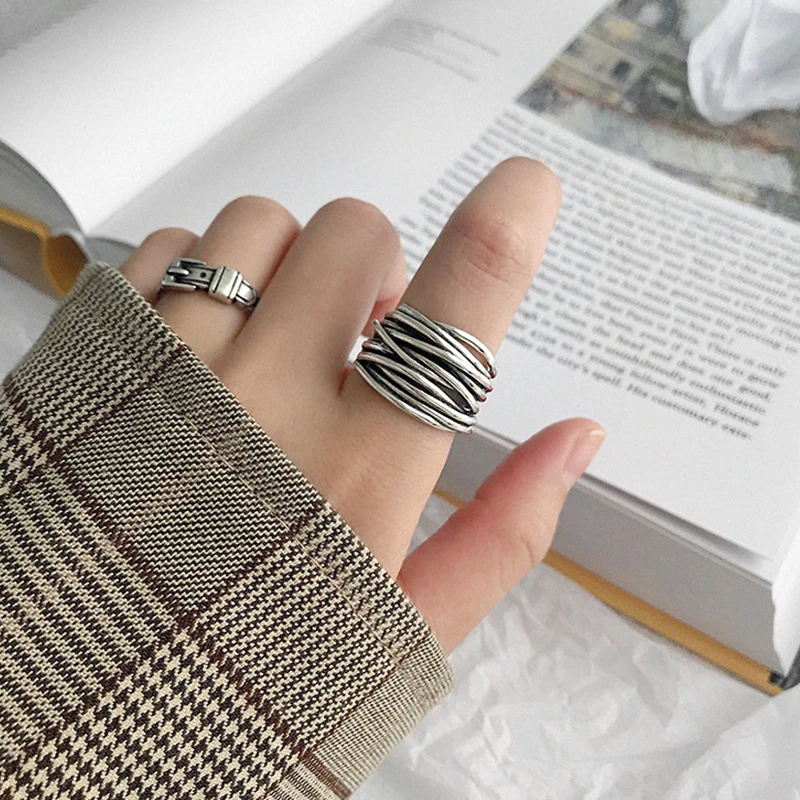 

Thai Silver 925 Silver Ring Woman Multilayer Twining Female Ring Big Geometry Exaggerated Rough Adjustable Vintage Ladies Ring