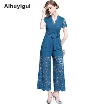 

Aihuyigui Runway Designer Summer Blue Hollow Out Lace Office Lady Jumpsuit Women V-neck Wide Leg Sexy Jumpsuit With Belt Dr501