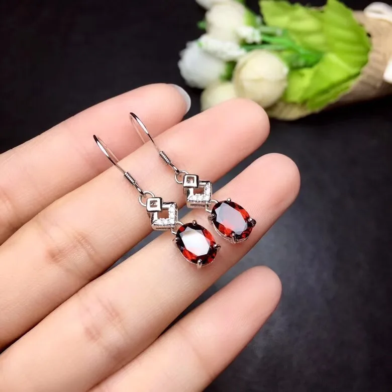 

trendy wine red garnet gemstone dangle earrings with silver hook