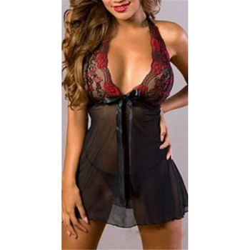 

Sexy Black Floral Sheer Babydoll Sleepwear Women Nightgown Lingerie Night Dress With G-String Nightwear For Women Camisola