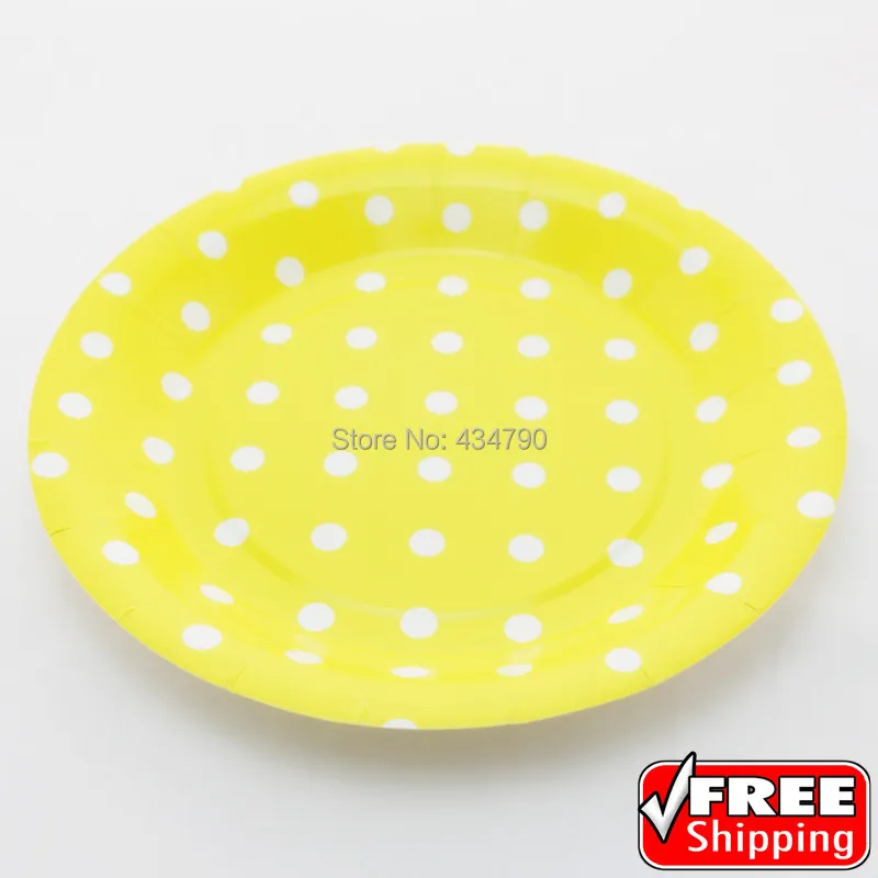 60pcs 9" Yellow Paper Plates Round White Polka Dot,Theme Party Dinner Cake Dessert Serving