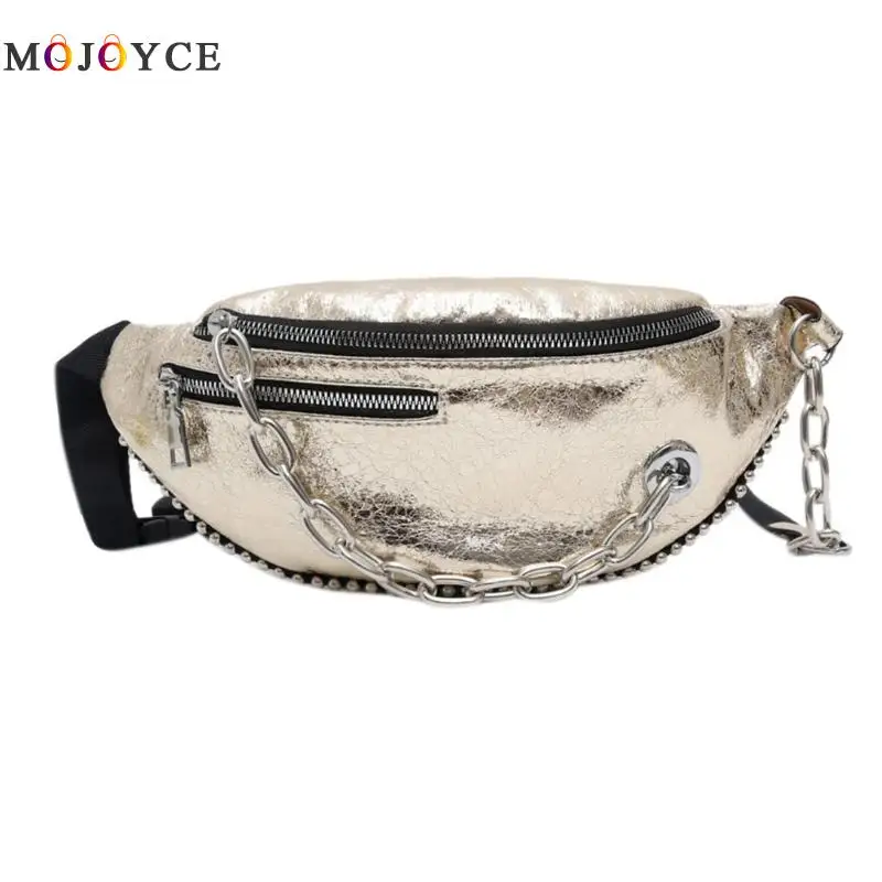 

Fashion Women Fanny Pack Chain Decor Solid Color Cracked PU Leather Solid Female Waist Bag Pochete