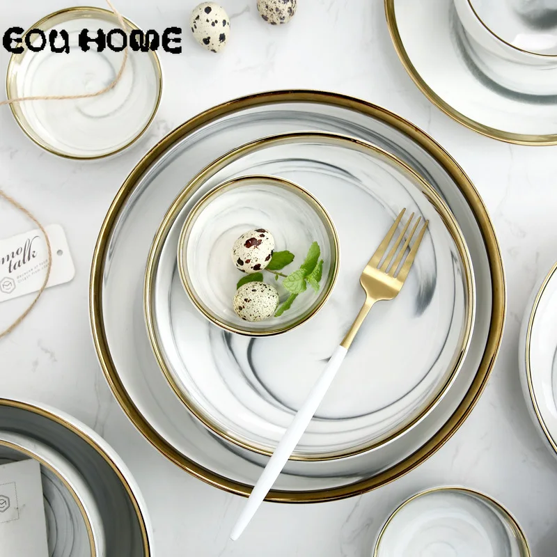 

Nordic Gold Lnlay Dinnerware Sets Marble Ceramic Household Tableware Dinner Plates Rice Soup Salad Bowls Snack Cake Steak Dish
