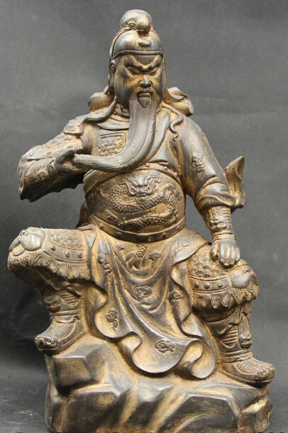 

JP S0524 16" Old Chinese Bronze Guan Gong Yu Warrior Justice God Dragon knight Statue B0403