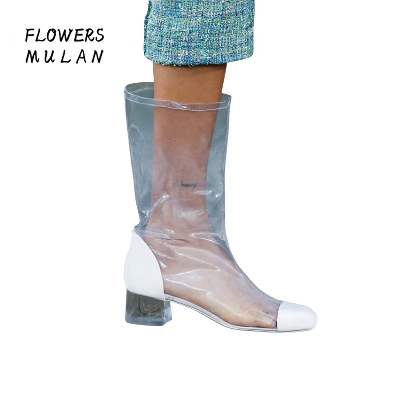 

New Brand Genuine Leather Transparent PVC Boots Over The Knee Long Boot Women's Shoes Summer Footwear Chunky Heel Waterproof