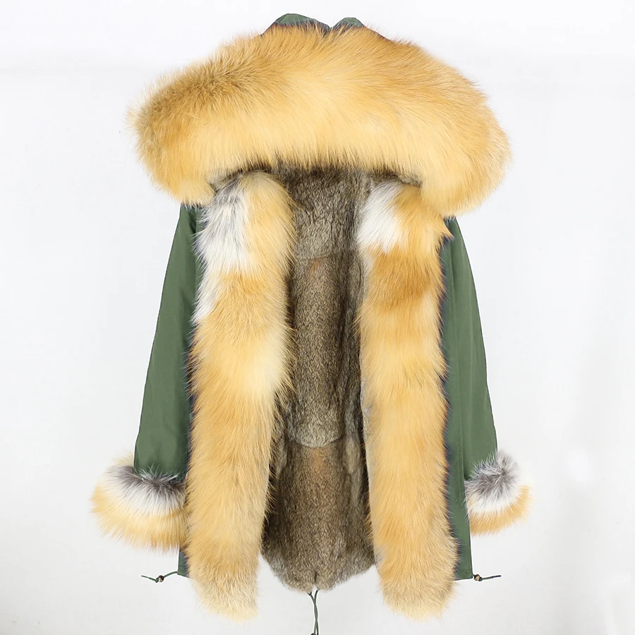 Пальто с натуральным мехом, длинная парка, зимняя куртка для женщин, Воротник из натурального Лисьего меха, капюшон, подкладка из натурального кроличьего меха, Толстая теплая уличная одежда, бренд - Цвет: 1