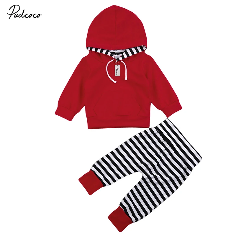 

Emmababy Fashion New born Baby boy girl warm solid hooded Tops +striped Legging pants Infant bebe kids Outfits Clothes Set