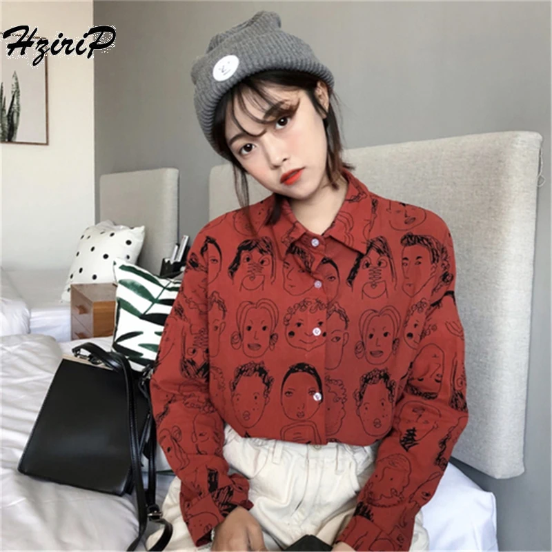 

HziriP New 2018 Summer Shirt Women Fashion Long Sleeve Cartoon Pattern Printed Blouses Loose Students Shirts Women Casual Tops