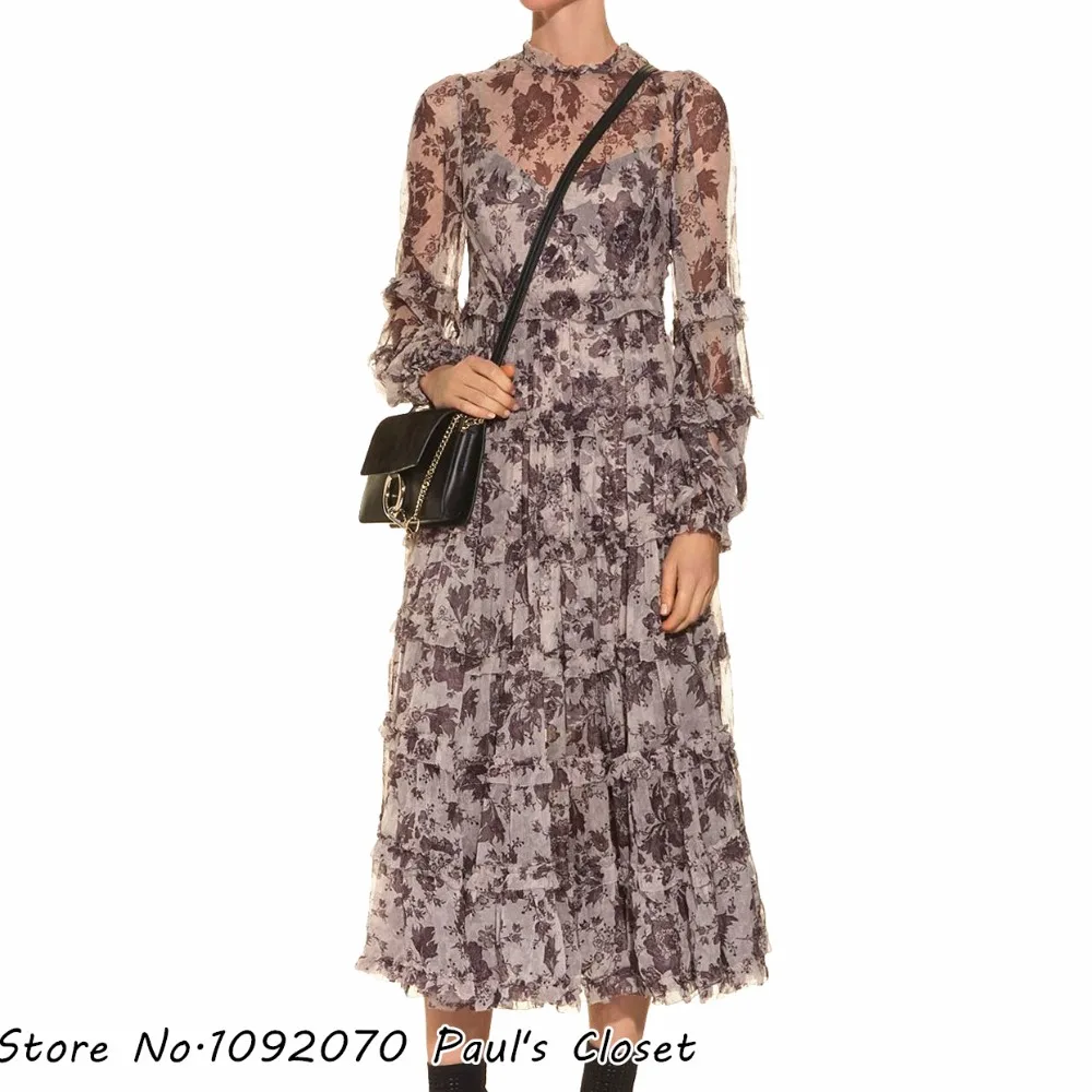 

Women High Neck Aged Batik Print Silk Tiered Long Dress