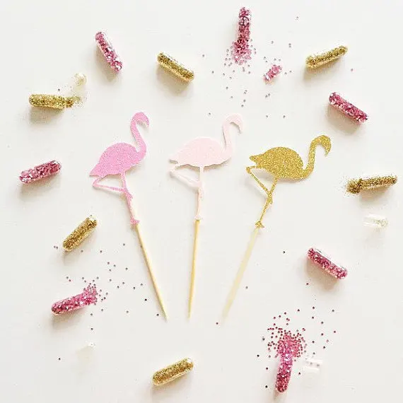 Flamingo Glitter Cupcake Toppers appetizer food pick party baby bridal shower birthday ocean