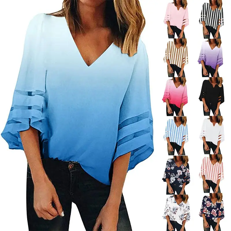 

15 Colors for You Panel 3/4 Bell Sleeve T-Shirt for Women fashion 2019 NEW Women's V Neck Mesh Casual Loose Top Shirt 2XL