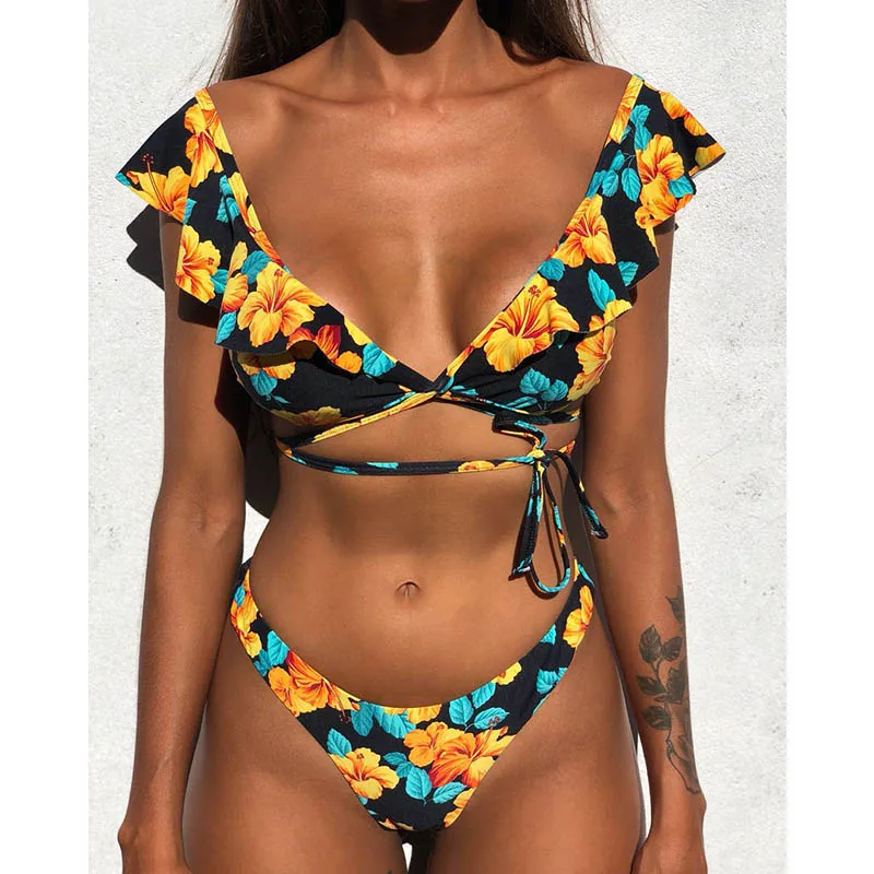 Hot Sale Off The Shoulder Print Ruffled Bikini Mujer 2018 New Sexy Swimwear Women Swimsuit Brazilian Bikini Set Thong Biquinis