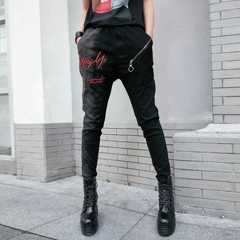 

Embroidery Jeans Harem Pants Women Patchwork Printing Zipper Pencil Denim Pants Female Punk Style Cool Jeans Trousers For Woman
