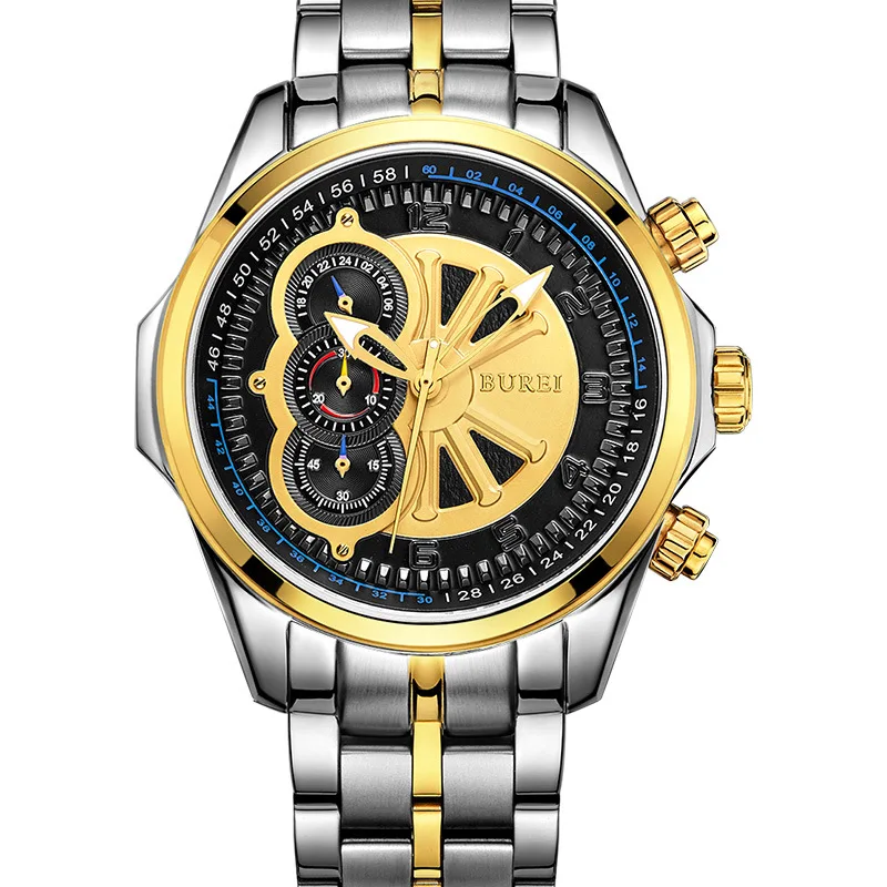 

Luxury BUREI Japan Movt Quartz Watch Men Sports Stainless Steel Casual Wristwatches Relogio Masculino Male Army Chronograph