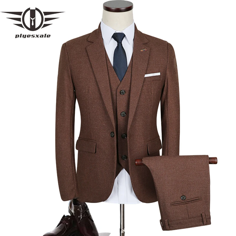 Mejor Promo Plyesxale Traje De 3 Piezas Para Hombre 2018 Otono Ajustado Traje De Boda Para Hombre Gris Oscuro Vino Rojo Azul Esmoquin Chaqueta De Negocios Trajes Q335 September 2020