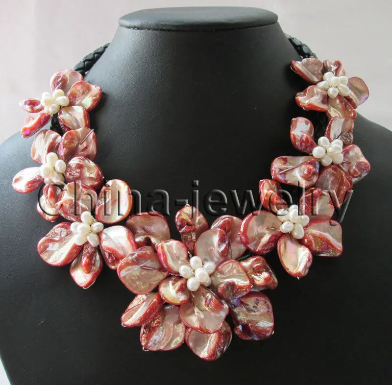 

FREE SHIPPING HOT sell new Style >>>> Handmake18" 7pieces natural white freshwater pearl and pink shell bloom necklace