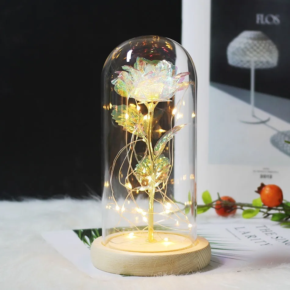 Seven colors Красавица и Чудовище позолоченная красная роза стеклянный купол с розой в лампочке деревянная основа для подарков на день Святого Валентина - Цвет: Seven colors