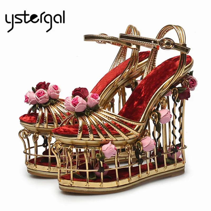 

Ystergal Birdcage Design Women Sandals 15CM Super High Heels Women Platform Wedding Shoes Flower Decor Wedge Shoes Ladies Sandal