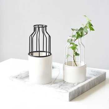 

Scandinavian Ceramic Iron Wire Vase Plant Hydroponic Jar Elegance Flower Detachable Storage Jar Minimalist Desktop Decor Art Vas