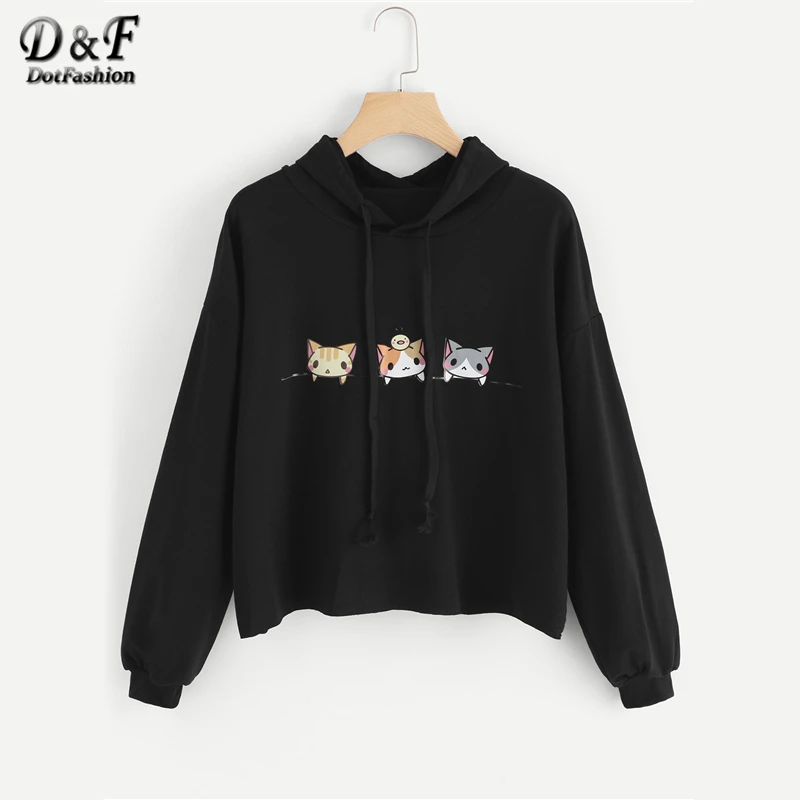 

Dotfashion Animal Cats Print Drawstring Hoodie Women Black Hooded Long Sleeve Pullovers Spring Autumn Girls Casual Sweatshirt