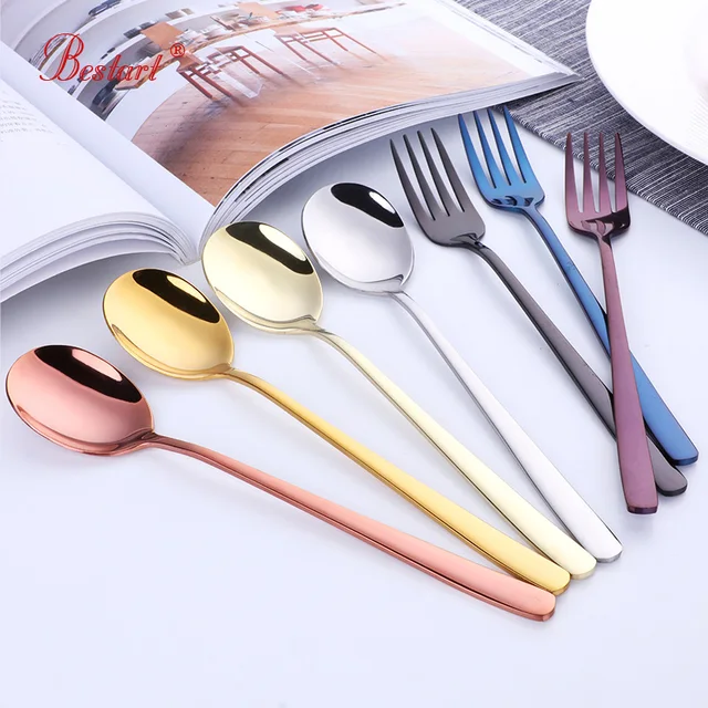 1 Set Korean Soup Spoon and Fork Set 18/10 Stainless Steel Gold Dinner