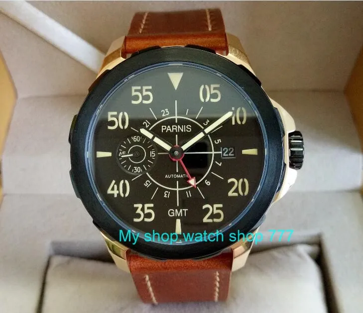 

2017 new fashion PARNIS 45mm black dial ST2557 automatic Self-Wind movement men's watch GMT Mechanical watches 290
