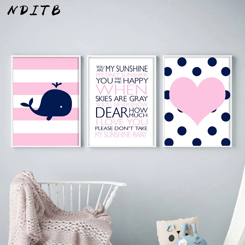 

NDITB Baby Nursery Wall Art Canvas Poster Quotes Prints Pink Heart Whale Cartoon Painting Picture Nordic Kids Bedroom Decoration