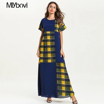

Striped Patchwork Women Maxi Dress Navy Blue Fashion Casual Muslim Dresses Spring Summer Female Short Sleeve Plaid Dress 2019